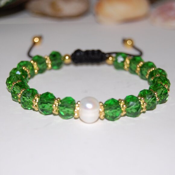 Pearl Bracelet,Fresh Water Pearl,Crystal Glass Beads,Drawstring,Green Bracelet - Picture 3 of 3
